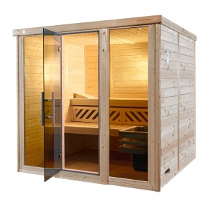Weka Massivholzsauna Kemi Panorama mit Glastür und Fenster, inkl. Saunaofen und Zubehör.