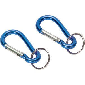 Zwei blaue Aluminium Karabinerhaken 50 mm mit Schlüsselring.