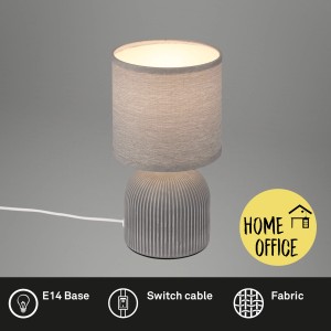 Graue Brilo Tischleuchte Ino mit Keramikfuß und Stoffschirm, Design-Tischlampe.