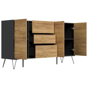 Posseik Sideboard Industrial Q, 180 cm, Grafit/Eiche, mit 3 Schubladen und 3 Türen.