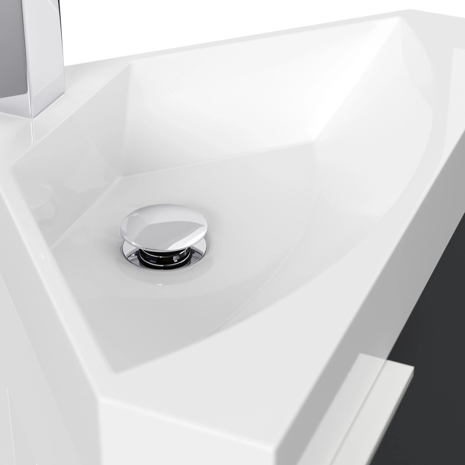 Detailaufnahme: Weißes Waschbecken des Posseik Eckbadmöbel Delta Slimline in Grafit mit SoftClose.