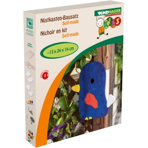 Nistkasten-Bausatz Self-Made: Karton mit Farben, Pinsel und fertigem, blau bemaltem Nistkasten.