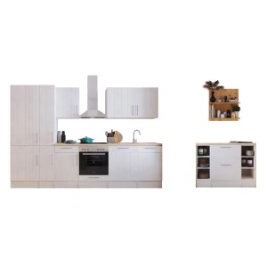 Respekta Landhaus Küchenzeile Anton 310 cm mit Kücheninsel in Lärche Weiß und E-Geräten.