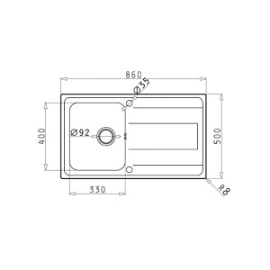 Technische Zeichnung: Pyramis Einbauspüle Alea 1B 1D, 86x50cm, Edelstahl, mit Maßangaben.