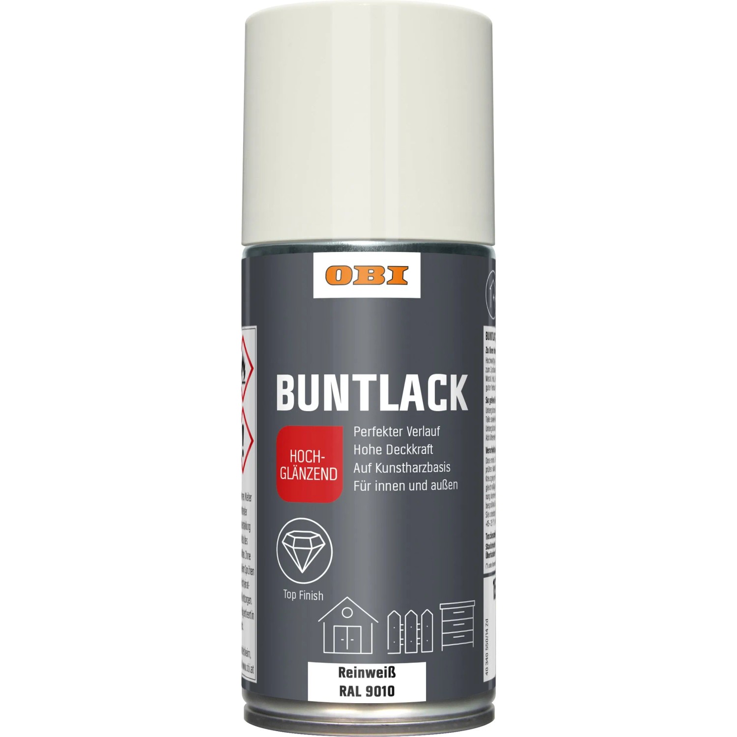 OBI Buntlack Spray Reinweiß, hochglänzend, 150ml Dose. Für Innen- und Außenbereich.