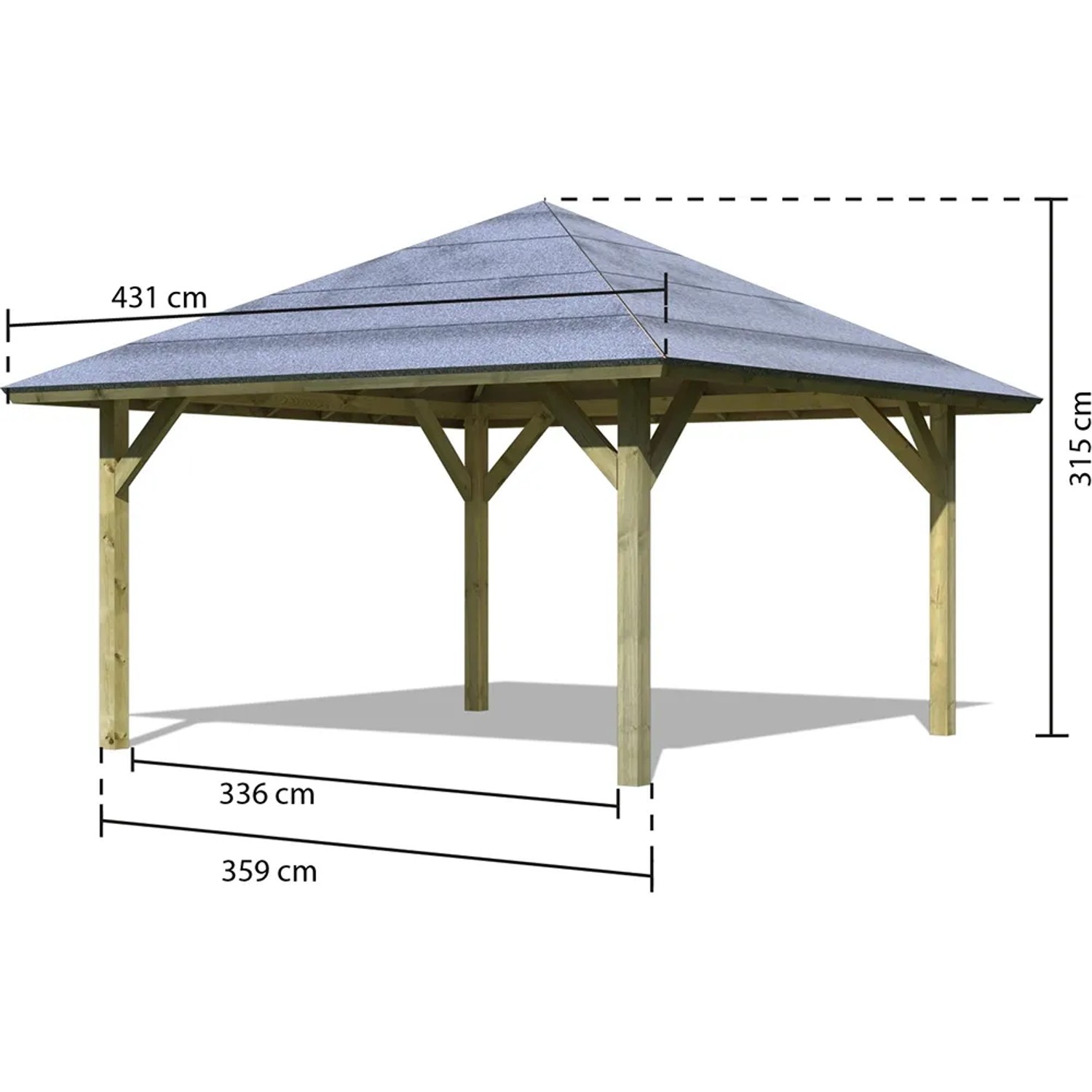Karibu Pavillon Hedmark 1 aus Holz, kesseldruckimprägniert, mit Maßen.