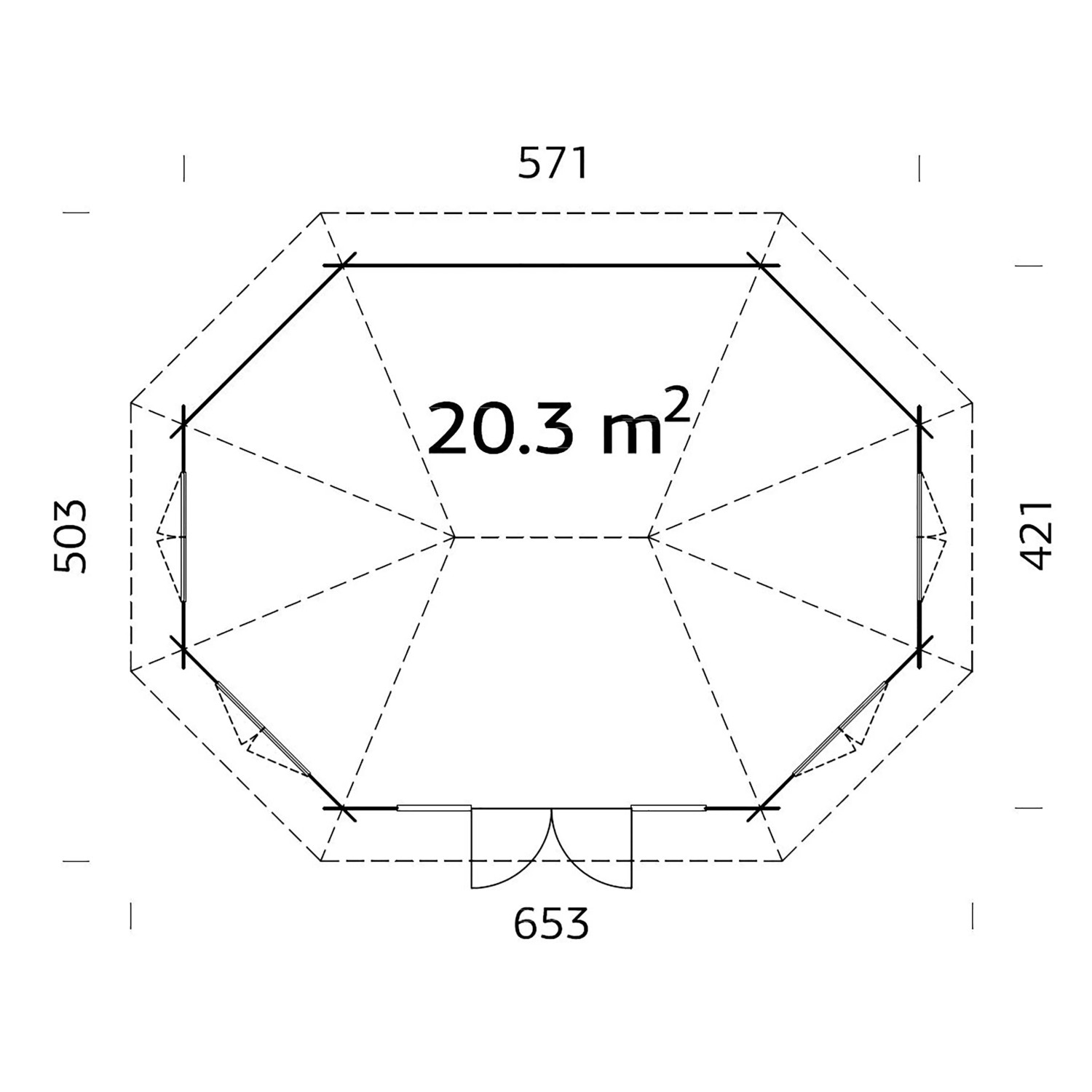 Grundriss Palmako Holz-Pavillon Hanna, 571x421 cm, grau, mit Maßen und Türposition.