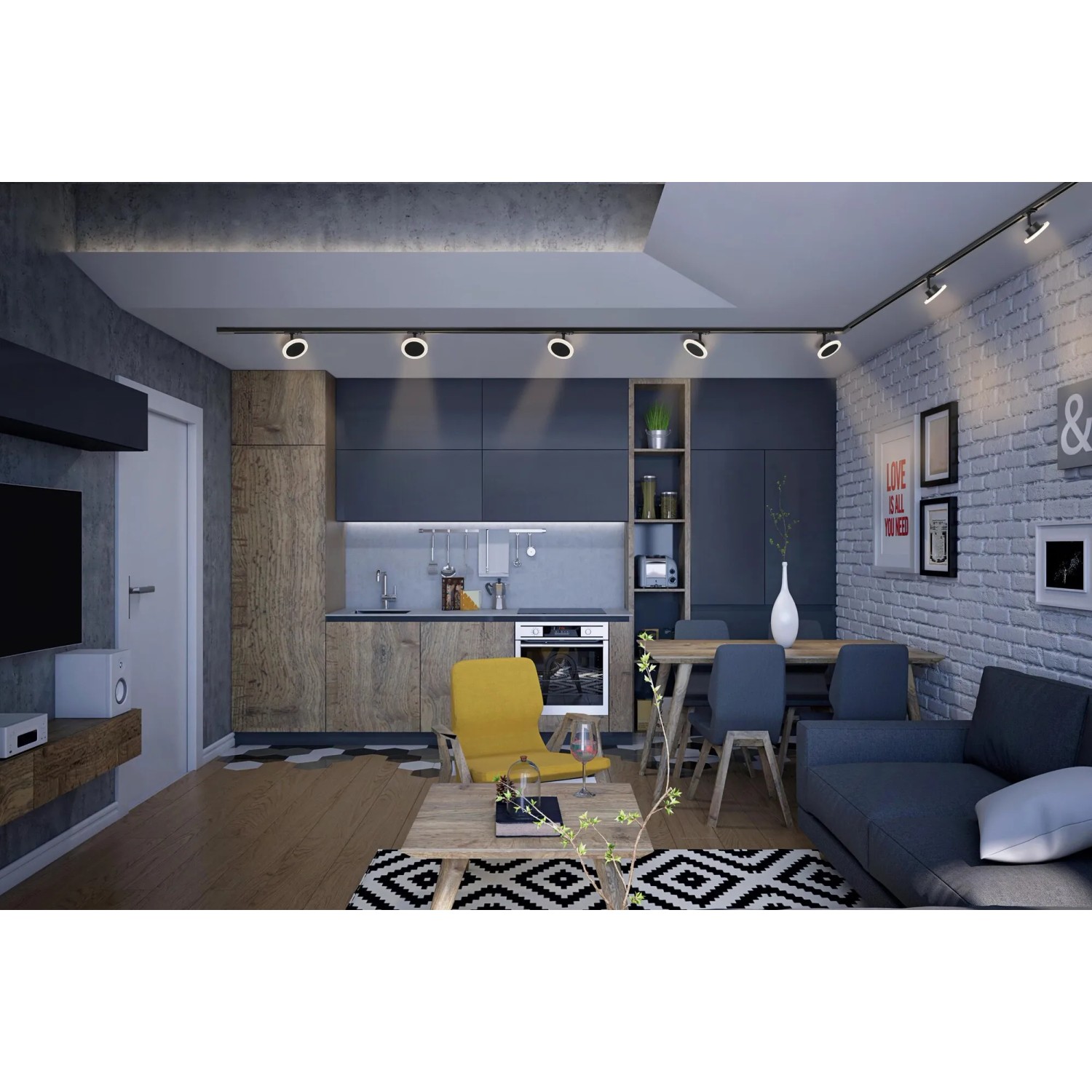 Modernes Wohnzimmer mit schwarzem Ledvance Smart+ Schienensystem, Ø 12 cm.