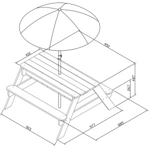 Skizze: Axi Nick Sand- & Wasser-Picknicktisch braun-weiß mit Sonnenschirm, Maße eingezeichnet.