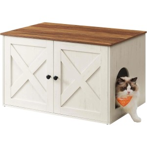 Feandrea Katzenklo-Schrank, 80x53x50 cm, braun-weiß, mit Katze am Eingang.