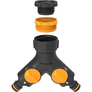Fiskars 2-Wege-Ventil Doppelhahnverbinder für Sprinkler-Systeme mit Reglern und Adaptern.
