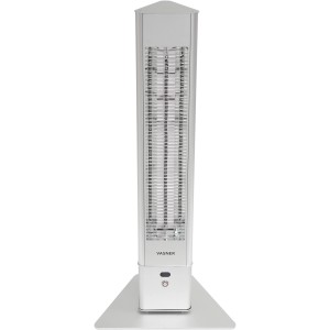 Silberner Vasner Infrarot-Standheizstrahler HeatTower 2500 W mit Fernbedienung.
