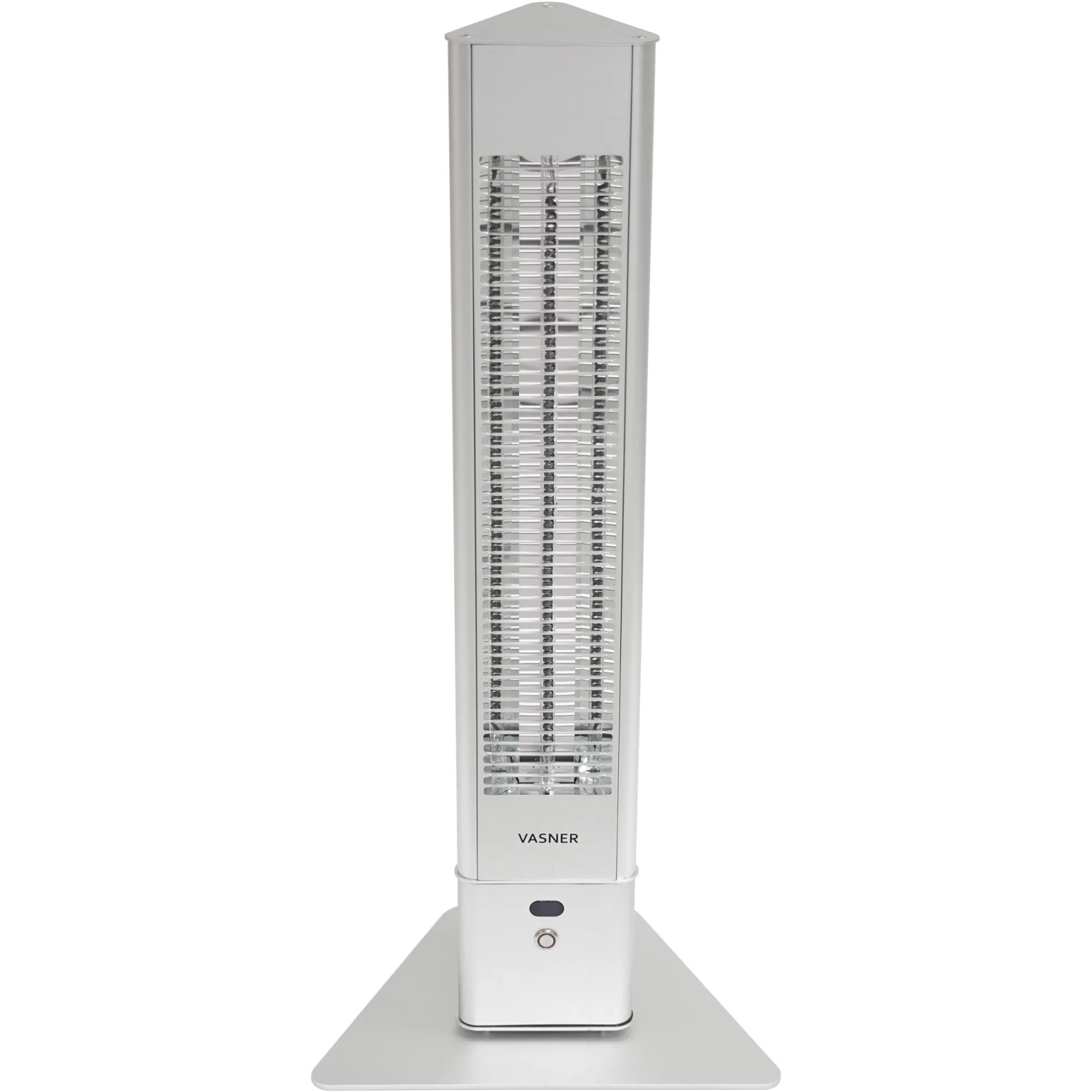 Silberner Vasner Infrarot-Standheizstrahler HeatTower 2500 W mit Fernbedienung.