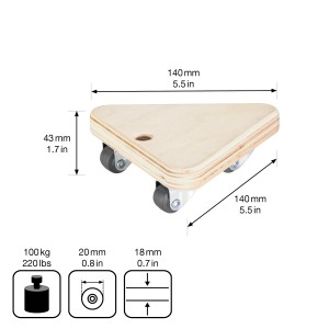 Dreieckige Wagner Transporthilfe aus Birke mit 3 Rollen, Tragkraft 100 kg.