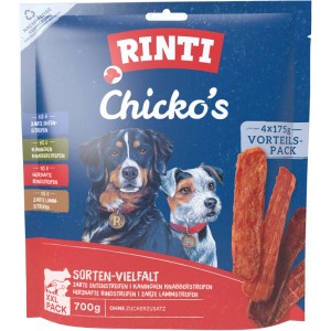 Rinti Chicko Vielfalt XXL-Pack, 4x175g Hunde-Snacks mit Ente, Kaninchen, Rind und Lamm.