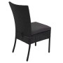 2er Set schwarze Poly-Rattan Gartenstühle mit dunkelgrauen Kissen.