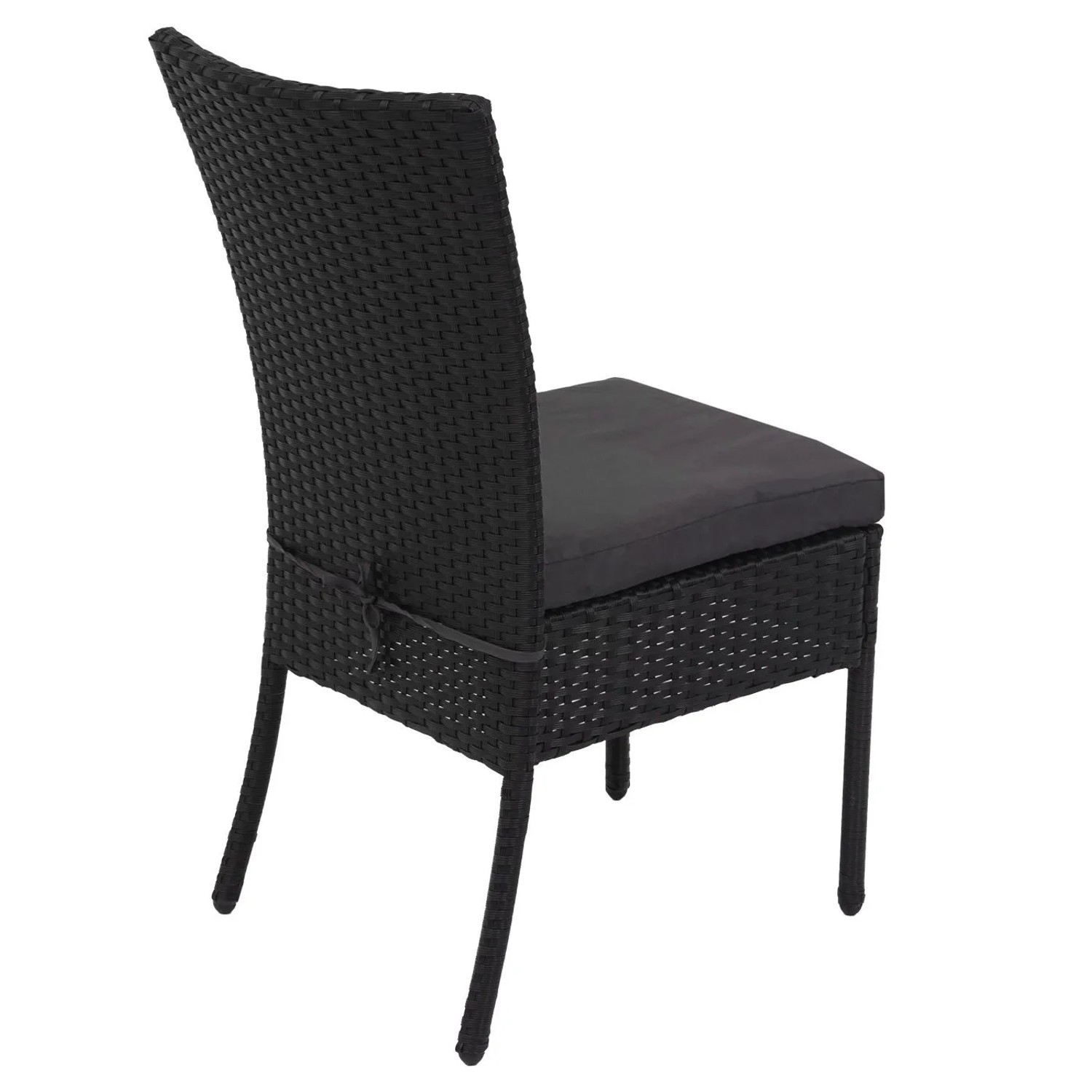2er Set schwarze Poly-Rattan Gartenstühle mit dunkelgrauen Kissen.