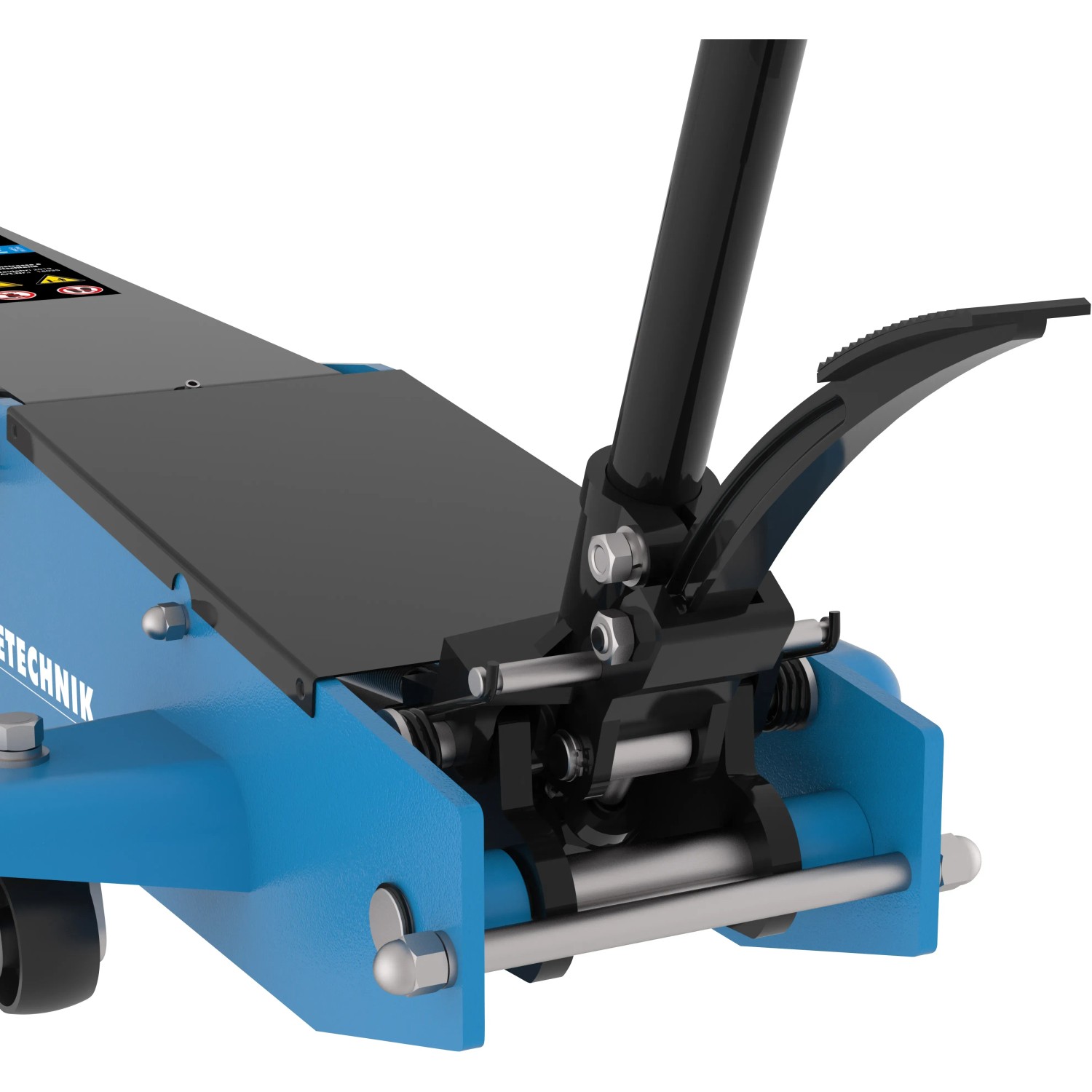 Detailaufnahme: Güde Rangierwagenheber GRH 2/800 HD 2 t, blaue Ausführung mit schwarzem Hebel und Fußpedal.