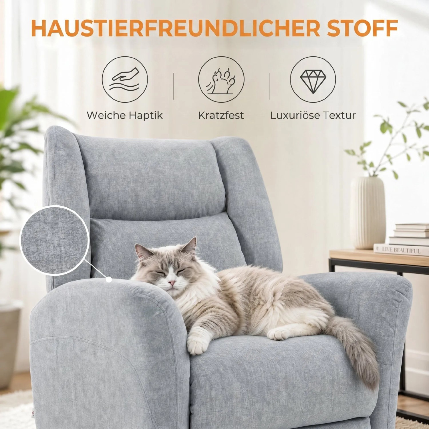 Hellgrauer HOMCOM Relaxsessel aus Polyester mit schlafender Katze. Haustierfreundlicher, kratzfester Stoff mit weicher Haptik.