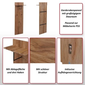 MCA Garderobenpaneel P55 aus Eiche mit Ablage und Haken, 135x42x22cm