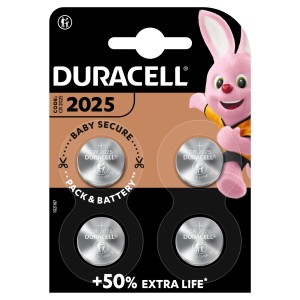 Duracell CR2025 Lithium Knopfzellen 4er-Pack, kindersicher verpackt.