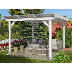 Weißer Skan Holz Pavillon Marseille (274x304 cm) im Garten mit Sitzgruppe.