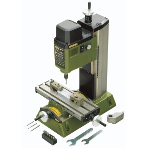 Proxxon Micro MF 70 Fräse für präzise Arbeiten, inklusive Zubehör wie Spannzangen und Schraubenschlüssel.