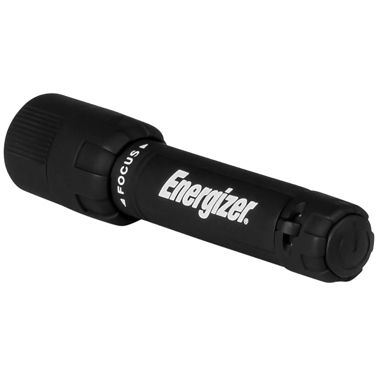 Schwarze Energizer X-Focus Taschenlampe mit Strahlfokussierung und Batterie.