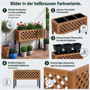 MCW Hochbeet aus hellem Akazienholz mit schwarzem Metallgestell, drei Pflanzeinsätzen und Rankgitter-Design für Balkon.