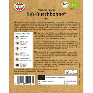 Sperli BIO Buschbohne Dior Samenpackung: Gelbe Wachsbohne für Hochbeete, resistent gegen Krankheiten.
