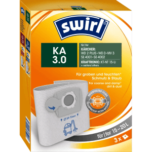 Swirl KA 3.0 Staubsaugerbeutel, 3 Stück, für Nass- und Trockensauger. Reißfestes Vlies für groben Schmutz.