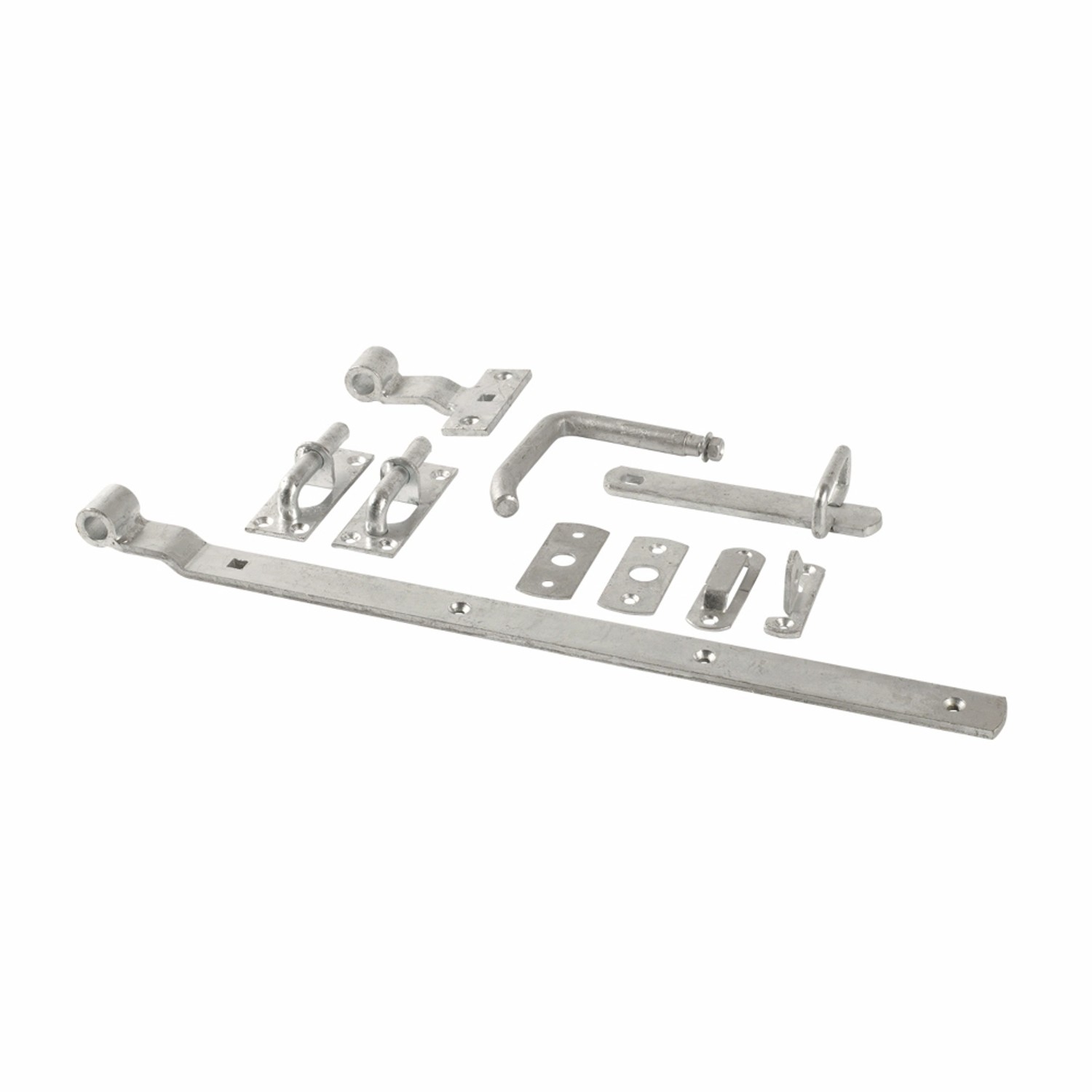 Beschläge für Gartentor Newline: Scharniere, Riegel und Befestigungsmaterial aus Metall.