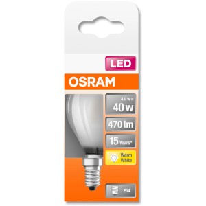 Osram E14 LED Leuchtmittel in Tropfenform, 4W, warmweiß, für Wohnräume.