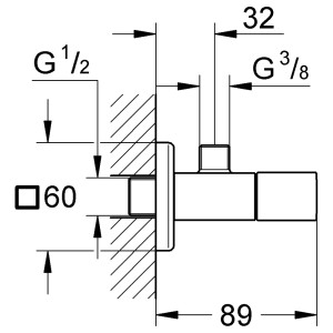 Technische Zeichnung Grohe Eurocube Eckventil DN 15 mit Maßangaben.