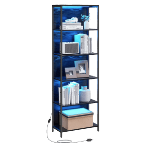 Schwarzes Songmics Bücherregal Barnet mit 6 Ebenen und LED-Beleuchtung.