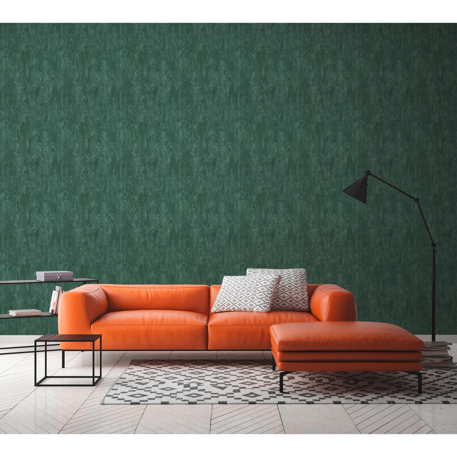 Dunkelgrüne A.S. Création Vliestapete in Rostoptik mit leichter Struktur und Glanz. Dekorative Tapete für Wohnräume.