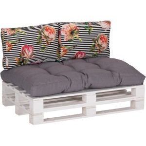 Beo Loungekissen-Set mit Streifenmuster und Blumen auf Palettenmöbeln.