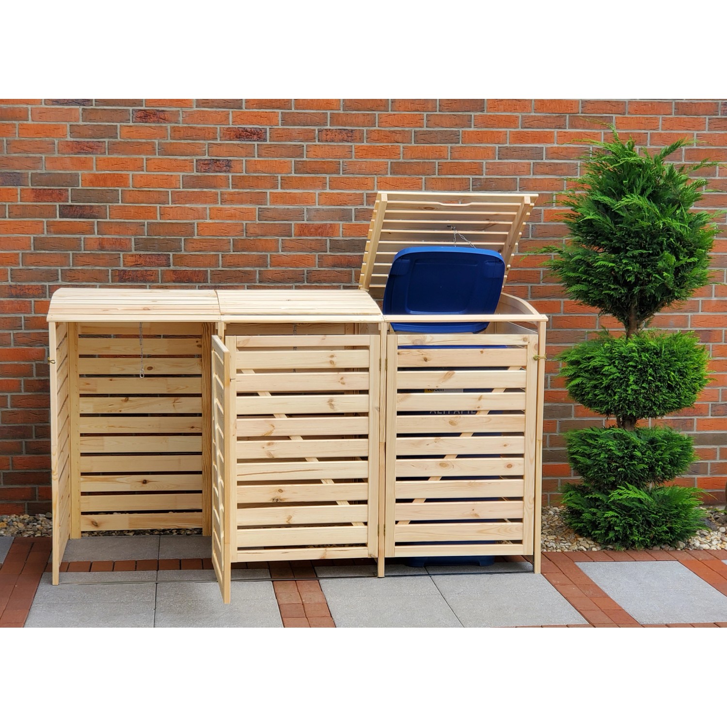 Mülltonnenbox Vario III für 3 Tonnen aus Kiefernholz, naturbelassen. Mülltonnenverkleidung für den Garten.