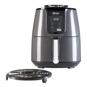 Ninja Heißluftfritteuse AF100EU in Grau-Schwarz mit Zubehör. Kompakte Küchenmaschine für fettarmes Frittieren.