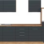 Moderne Küchenzeile, 300 cm, matt grau und Wotaneiche Dekor, ohne Elektrogeräte.