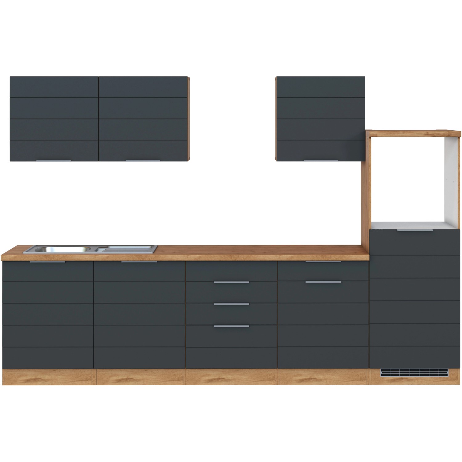 Moderne Küchenzeile, 300 cm, matt grau und Wotaneiche Dekor, ohne Elektrogeräte.