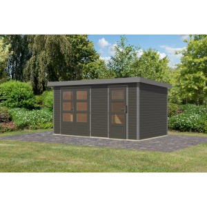 Karibu Gartenhaus Alfredo B in Terragrau/Graualuminium mit Doppeltür und Einzeltür.
