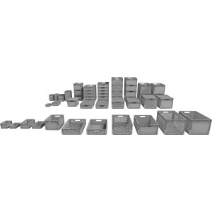 Vielfältiges Sortiment an grauen Eurobox-System Aufbewahrungsboxen in verschiedenen Größen und Ausführungen.