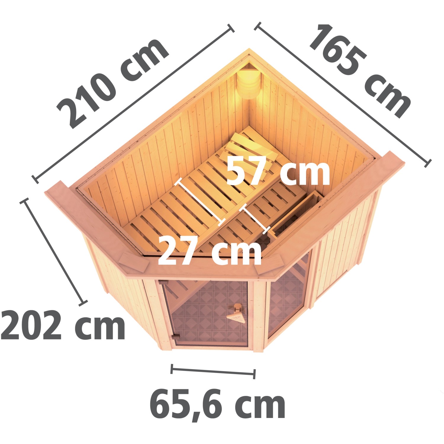 Karibu Sauna Freyja 1 mit Ofen, naturbelassene Holz-Elementsauna mit Maßen.