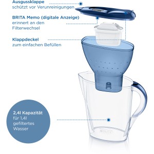 Brita Marella Wasserfilter-Kanne, 2,4 l, blau, mit Kartusche. Filtersystem mit digitaler Anzeige und Klappdeckel.