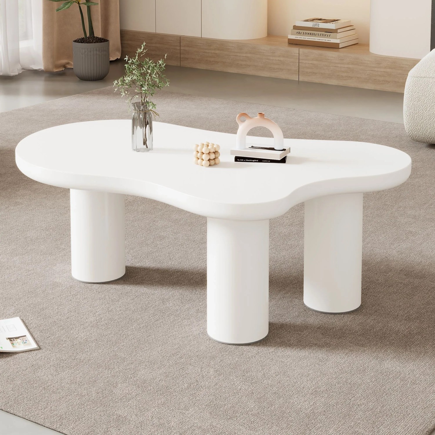 okwish Couchtisch mit Wolkenform Design Wohnzimmer 107x66x40cm Weiß_2