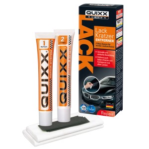 QUIXX Lack-Kratzer-Entferner Set: 2 Tuben, Poliertücher, Schleifpapier für Lackreparatur.