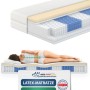 AM Latex-Taschenfederkernmatratze mit 7-Zonen-System. Schnitt zeigt Latexschicht, blaue/weiße Federn. Person liegt ergonomisch.