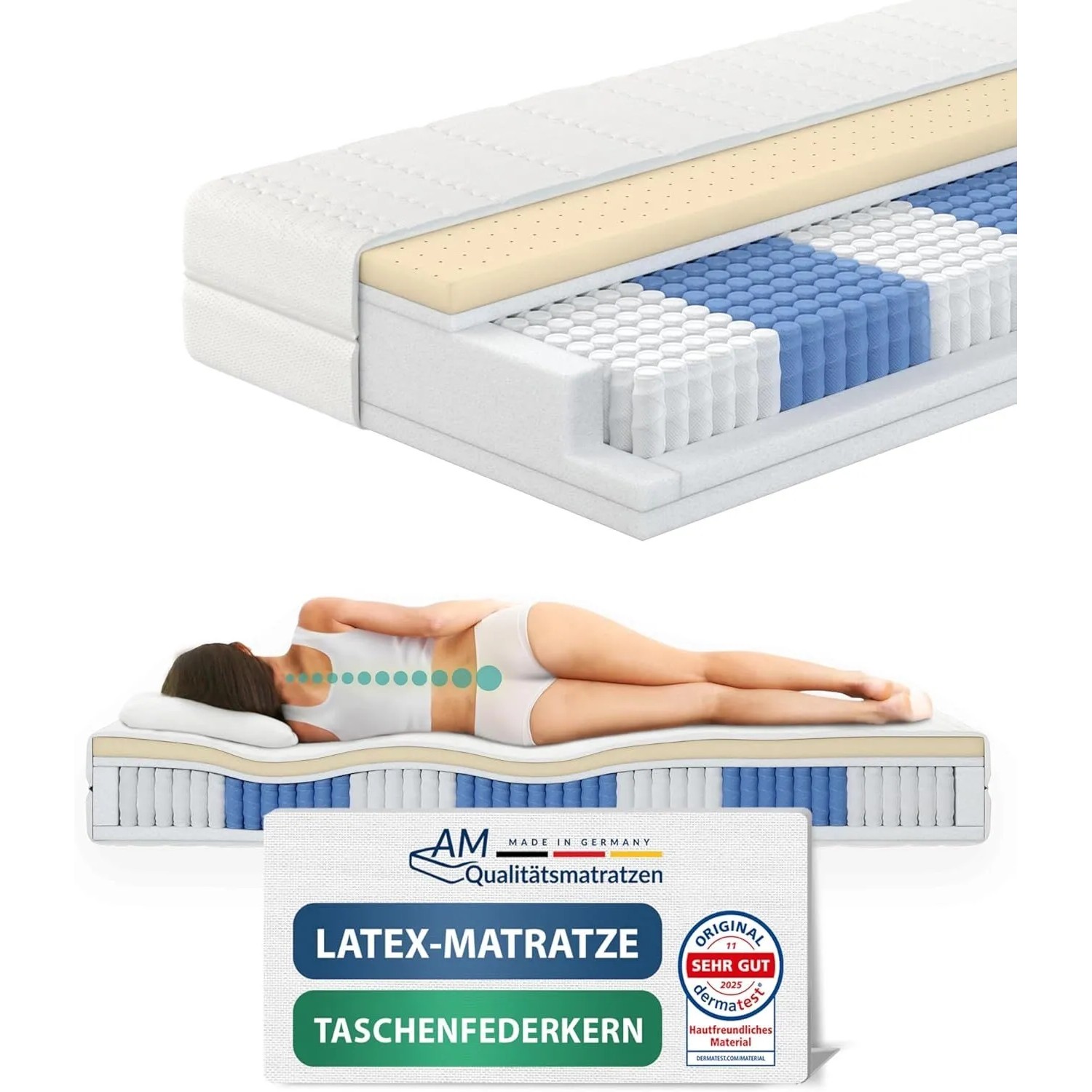 AM Latex-Taschenfederkernmatratze mit 7-Zonen-System. Schnitt zeigt Latexschicht, blaue/weiße Federn. Person liegt ergonomisch.