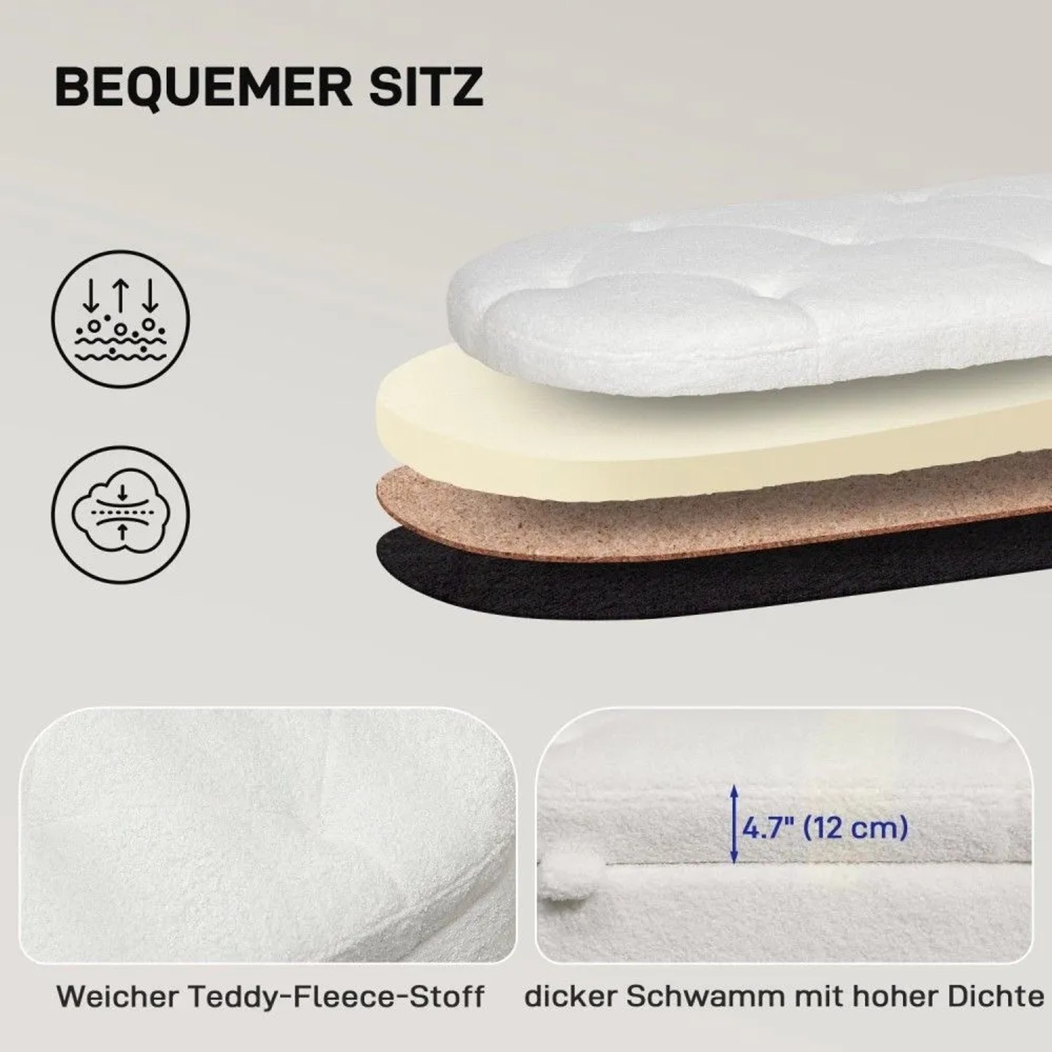 HOMCOM Sitzbank: Schichtaufbau des Sitzpolsters mit weichem Teddysamt und 12 cm dickem, hochdichtem Schaumstoff für Komfort.